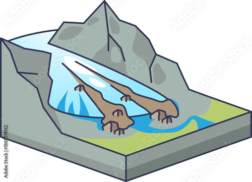 Isometric illustration of a glacier with medial moraines. Shows debris ridges formed by merging ice flows, highlighting glacial erosion and sediment transport in a mountain valley.