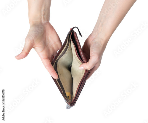 Fotografie Open empty wallet in female hands on transparent background