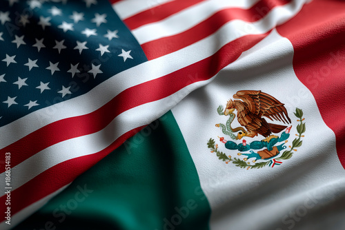 National flags of USA and Mexico representing geopolitical friction and rivalry.