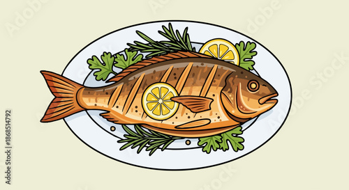 Grilled fish on a plate with lemon and herbs.