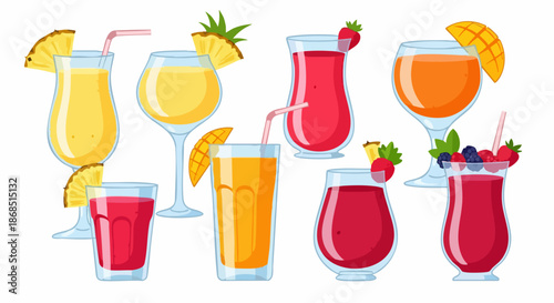 Assorted Tropical Cocktails and Fruit Drinks Illustration.