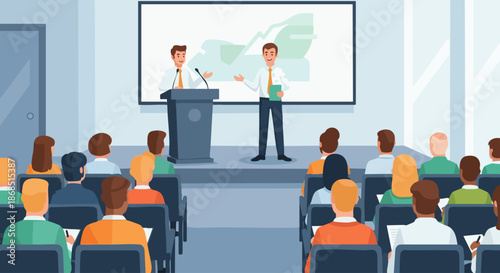 Two Businessmen Giving a Presentation to an Audience.