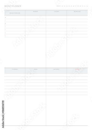A weekly plan design template in a modern, simple, and minimalist style. Note, scheduler, diary, calendar, planner document template illustration.