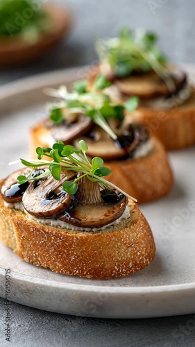 Gourmet mushroom bruschetta with balsamic glaze and microgreens on rustic bread