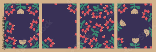 Crayon Floral Hand Drawn posters set. Textured  Flower and Red Berries on Dark Background. Isolated blooming composition Pattern Vertical Cards. Vector illustration. Not AI