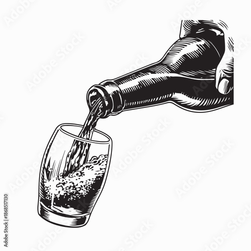 Pouring Beer Bottle Into Glass Image Vector on White Background