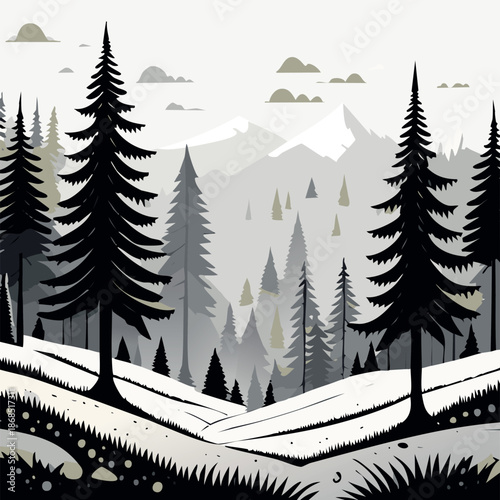 Paysage d'Hiver montagneux avec Forêt de Sapins, Motif de Noël, Neige, Féérie, Poésie Forêt en Hiver, Vecteur Couleur Gris