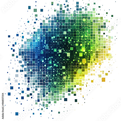 Vibrant pixelated mosaic with blue, green, and yellow hues on black