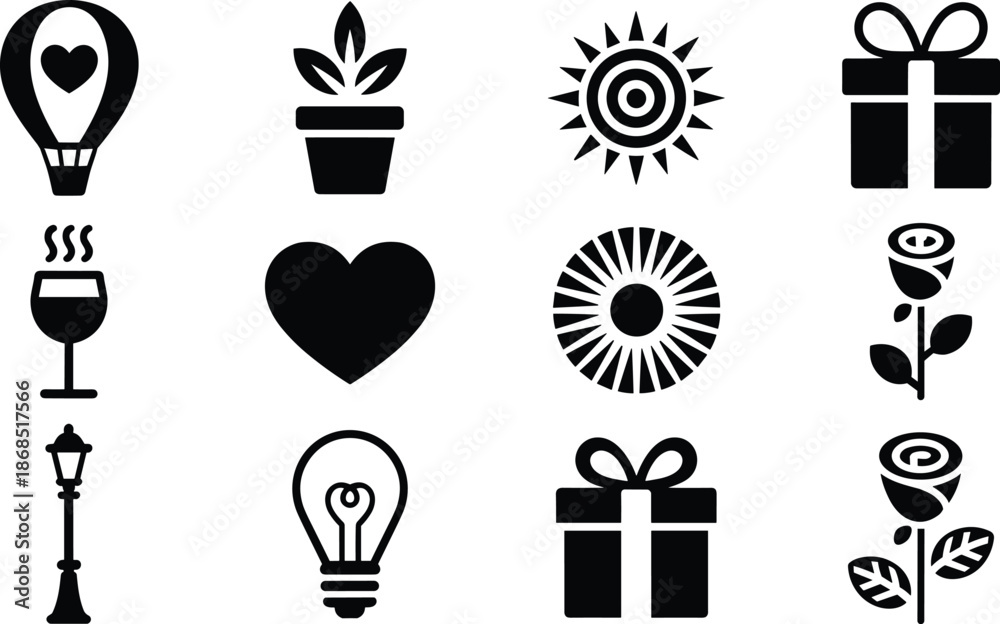 Fototapeta premium Cartoon icon set with heart, rose, gift, sun, lamp, balloon, and symbolic silhouettes for lifestyle and romantic themes.