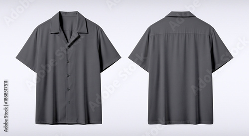 Fotografie Blank Dark Gray Short Sleeve Camp Collar Shirt Mockup, Front and Back Views Isol