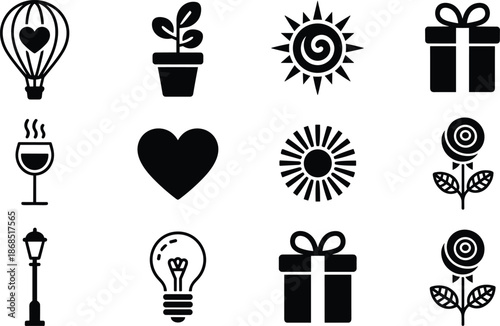 Cartoon icon set with heart, balloon, gift, flower, sun, lamp, and lifestyle symbols for romantic and decorative themes.