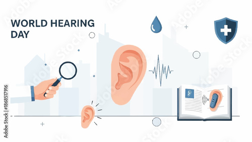 World Hearing Day awareness illustration with ear examination and sound waves.