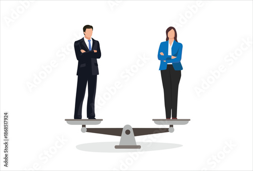 Gender business equality. Employee woman and man standing on balanced scales. Fair job opportunity and salary. Equal rights vector concept. Gender equality professional opportunity illustration