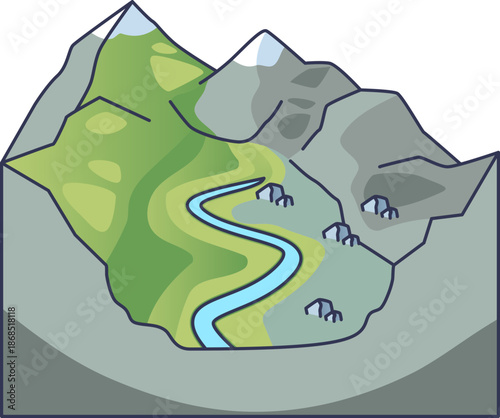 This illustration depicts an asymmetric valley with a winding river, contrasting lush green slopes against rocky terrain, symbolizing geological diversity and natural imbalance.