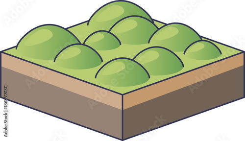 Isometric illustration of earth hummocks, showing grassy mounds and soil layers. It represents periglacial landforms and frost heave processes in cold climate geomorphology.