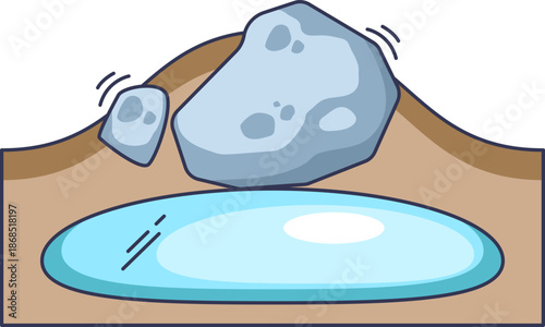 Illustration of frost heaving: an underground ice lens expands, forcing soil and rocks to bulge upward. It depicts the geological process of ground displacement caused by freezing moisture.
