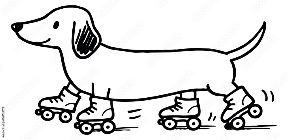 Fototapeta premium Hand drawn illustration of a dachshund depicting roller skating for fun and activity