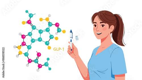 Young woman scientist explaining molecular structure with pen.