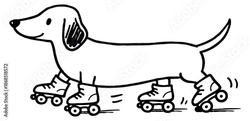 Hand drawn illustration of a dachshund depicting roller skating for fun and activity