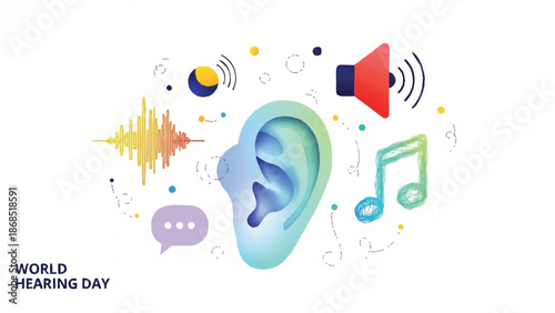 World Hearing Day illustration with ear and sound waves.