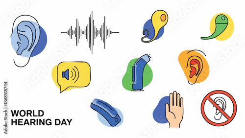 World Hearing Day Icons Representing Sound and Hearing Health.