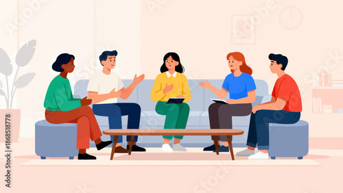 A group of people are sitting on a couch and talking to each other. Scene is friendly and social