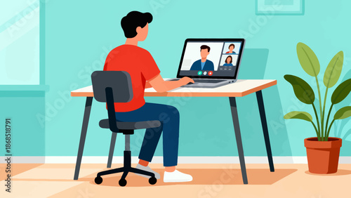 A man is sitting at a desk with a laptop and a potted plant in the background. He is using a video chat program to communicate with someone. Concept of productivity and connection