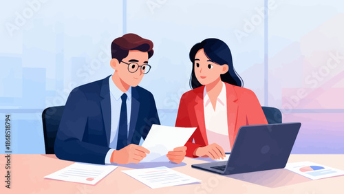 A man and a woman are sitting at a desk with a laptop and papers. The man is wearing a suit and tie, and the woman is wearing a red jacket. They are looking at papers and discussing something