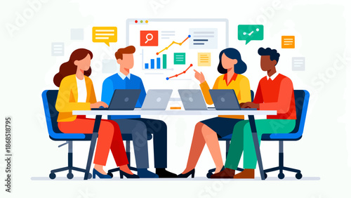 A group of people are sitting around a table with laptops open, working together. Scene is collaborative and focused