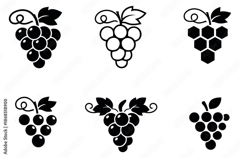 Fototapeta premium Stylized grape icons set featuring various grape clusters with leaves and tendrils for food and beverage designs