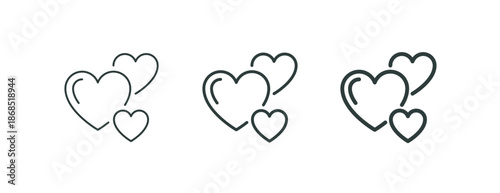 Hearts love, care and emotional support donation or healthcare outline icon. Minimalist line sign three symbols hearts. Vector isolated pictogram for web and app.