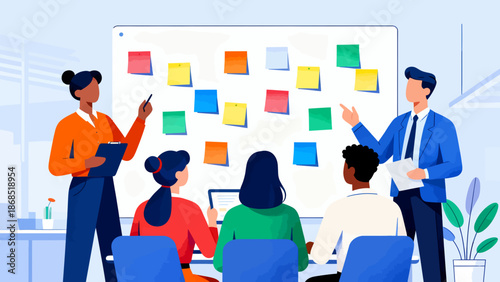 A group of people are gathered around a white board with colorful sticky notes on it. They are discussing ideas and collaborating on a project