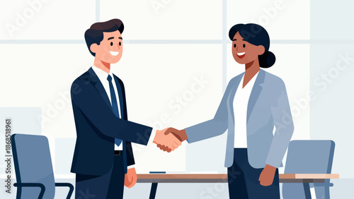 A man and a woman shake hands in a business meeting. The man is wearing a suit and tie, and the woman is wearing a business suit. Concept of professionalism and formality