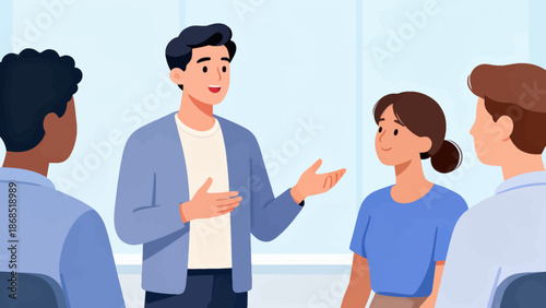 A man is talking to a group of people. The man is smiling and the people are looking at him. The people are sitting in chairs