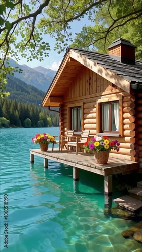Wooden cabin on a lake with colorful flowers and mountains 0106 (20
