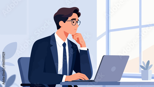 A man in a suit is sitting at a desk with a laptop in front of him. He is wearing glasses and he is thinking deeply. Concept of focus and concentration