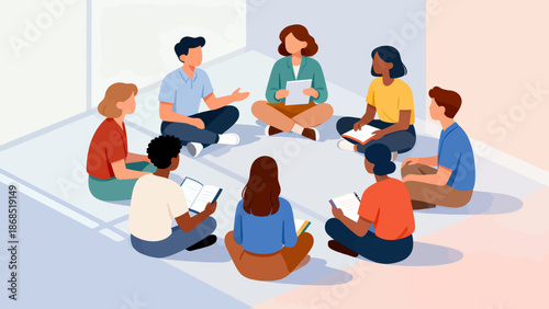 A group of people sitting in a circle and reading books. Scene is one of learning and collaboration