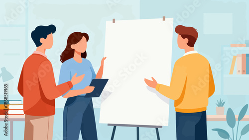 Three people are standing around a white board, discussing ideas. Scene is collaborative and focused