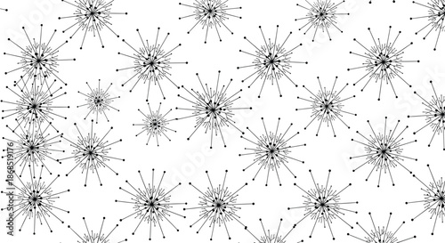 Minimalist monochrome pattern of black burst geometric lines and dots scattered across a plain white background for modern design.