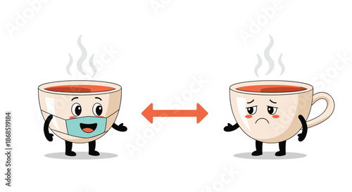 Two cartoon coffee cups separated by an orange arrow to promote social distancing with one cup wearing a protective medical mask.