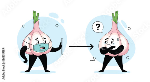 Cartoon garlic character wearing a protective face mask while another sad character looks on behind a glass wall for health awareness.