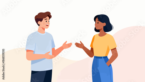 A man and a woman are talking to each other. The man is smiling and the woman is frowning