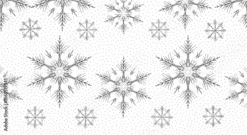 Complex winter pattern features various detailed black snowflake designs of different sizes scattered on a white background with fine dots.