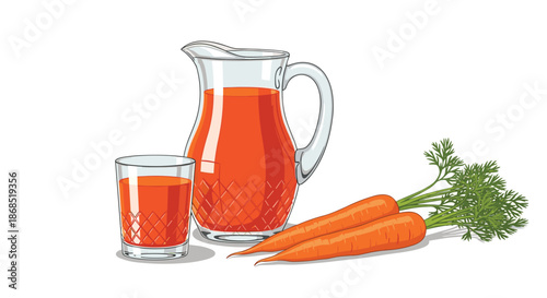 Clear glass pitcher and a matching glass are filled with bright orange carrot juice sitting next to two whole carrots with green tops.