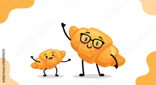 Two cheerful croissant characters include a larger one wearing black glasses and a smaller happy companion dancing on a white background.