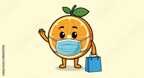 Cute orange slice character wearing a blue medical face mask holds a shopping bag and waves its hand in a responsible social manner.