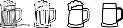 Set of four beer mug vector icons in various styles including hand drawn sketch outline and simple minimalist shapes.