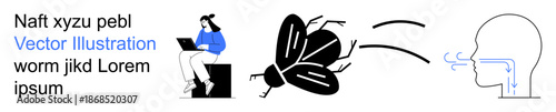 Technology, health, disease transmission awareness, respiratory hygiene, digital concepts, educational media. Person on laptop, fly and respiratory outline . Health and disease transmission