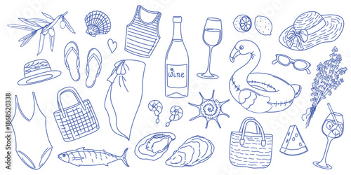 Hand Drawn Collection of Summer Beach Items and Accessories.