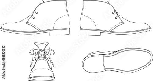 Lace-up ankle boots, footwear design, technical drawing, fashion illustration, shoe blueprint, vector outline, side view, front view, bottom view, flat vector illustration